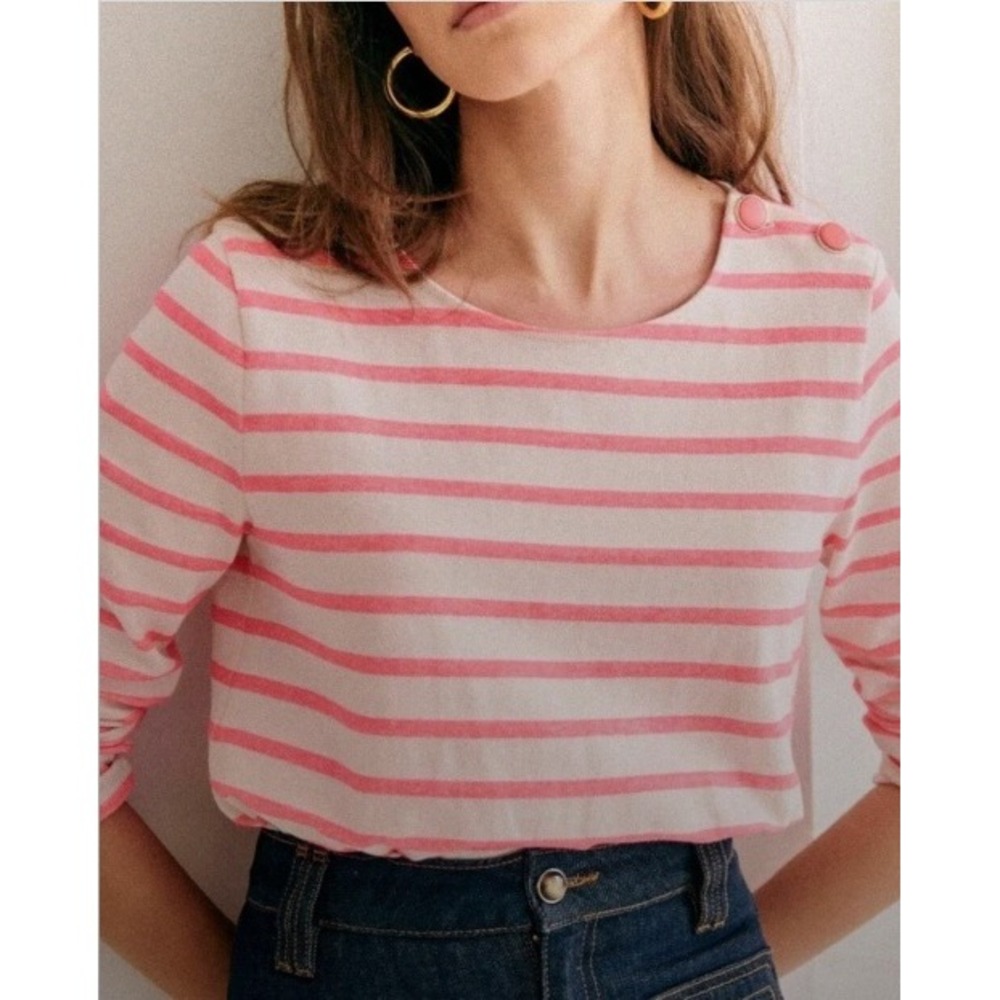 Sézane Colette Marinière Ecru Neon Pink Striped Breton Boatneck Top Sz XXS